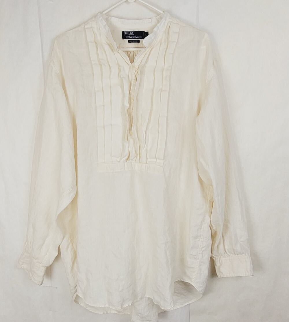 Vintage Polo Ralph Lauren ivory 100% linen pintuck shirt dress Size large